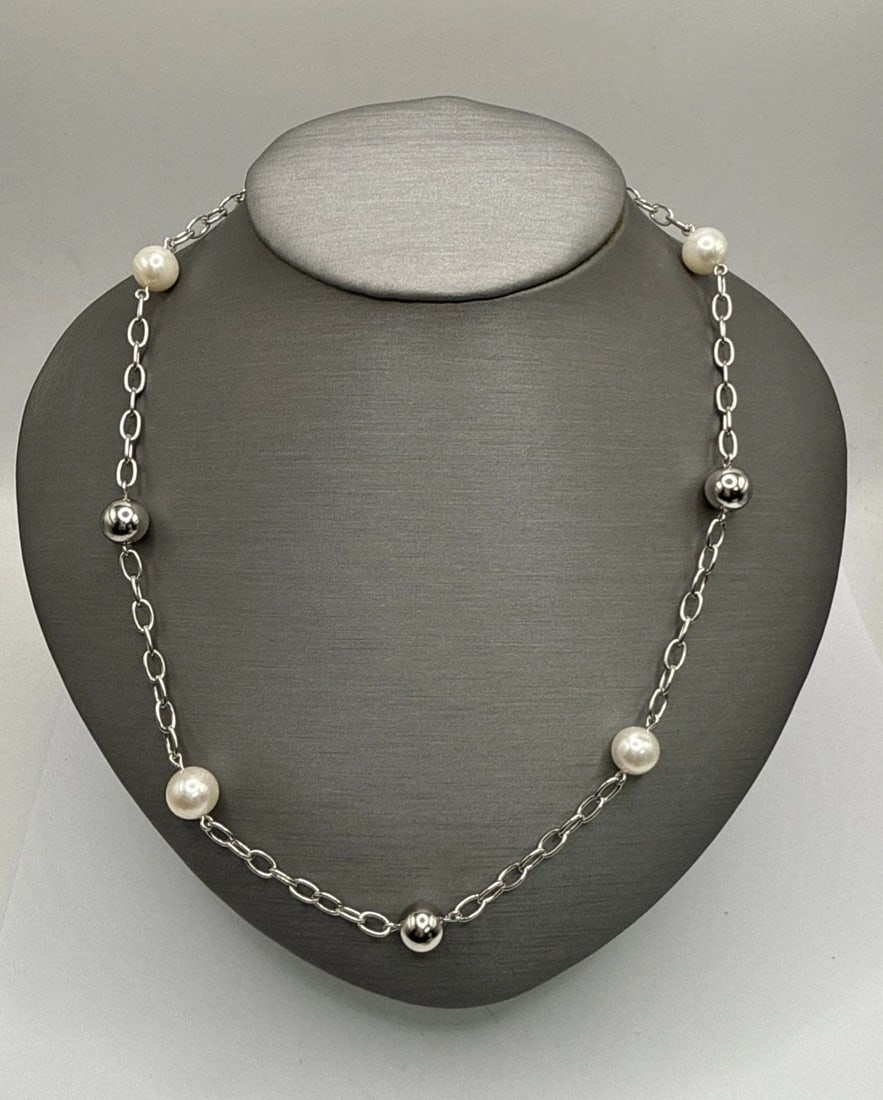 STERLING SILVER JCM PEARL/SILVER BALL NECKLACE BY THE YARD CHAIN NECKLACE 16" (1 of 1)