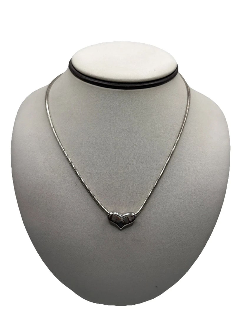 FINE SILVER PUFFY HEART SLIDE PENDANT ON 16" SNAKE CHAIN (1 of 2)