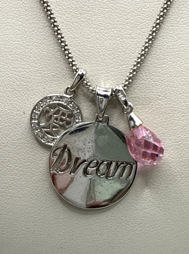 STERLING SILVER 16" CHAIN WITH 3 CHARMS-DREAM, PINK STONE AND CHINESE LETTER (1 of 1)