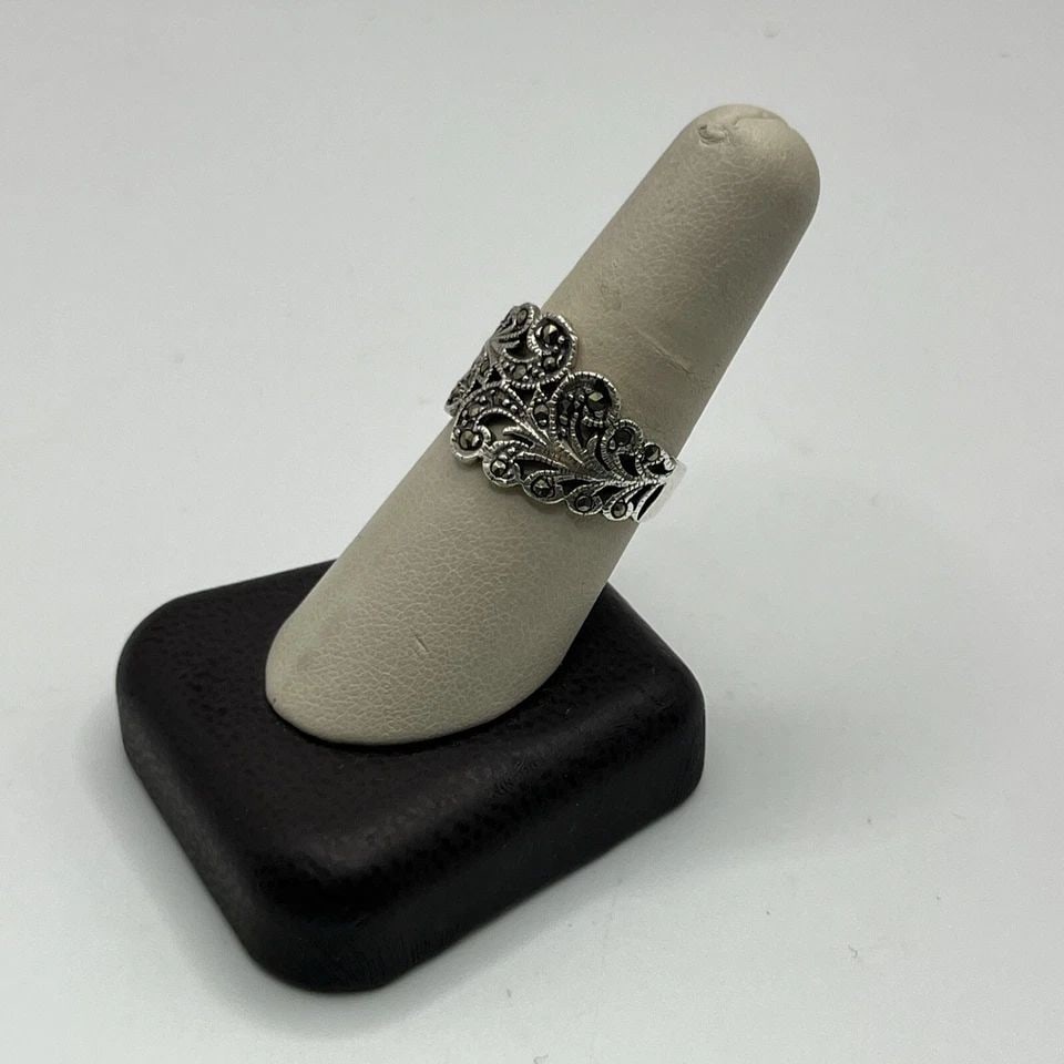 STERLING SILVER 925 MARCASITE SCROLLING FERN RING SIZE 8.75 (1 of 1)