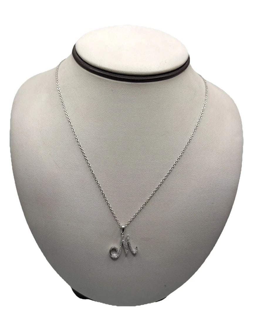 STERLING SILVER 18" CHAIN "M" INITIAL WITH COLORLESS STONES (1 of 2)