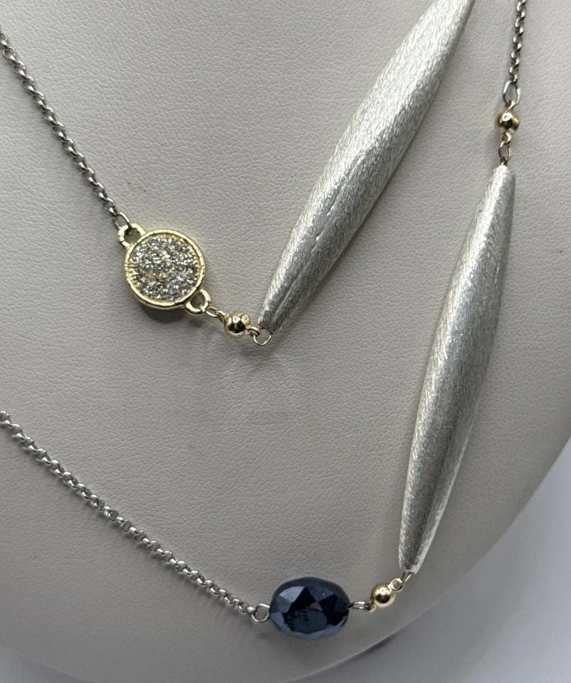TWO TONE ADJUSABLE LONG NECKLACE WITH BLUE & COLORLESS STONES (1 of 1)
