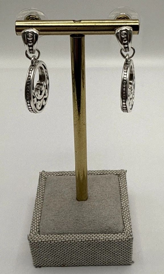 BRIGHTON MISSION SILVER OPEN SMALL CIRCLE SCROLLING DANGLING EARRINGS (1 of 1)
