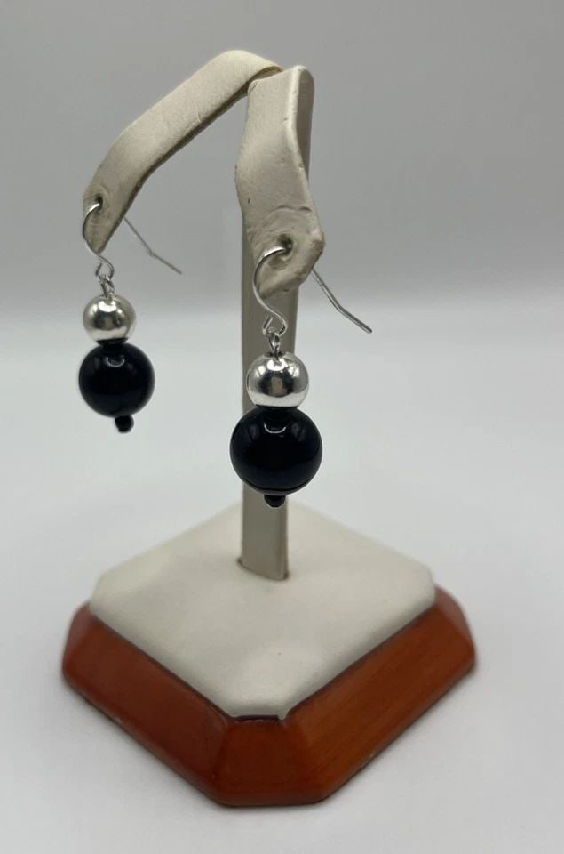 STERLING SILVER DANGLE EARRINGS WITH SILVER AND BLACK BALLS (1 of 1)