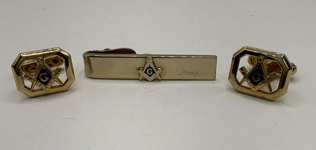 MASONIC CUFFLINKS AND TIE BAR GOLD TONE G FREEMASONRY MASON (1 of 2)
