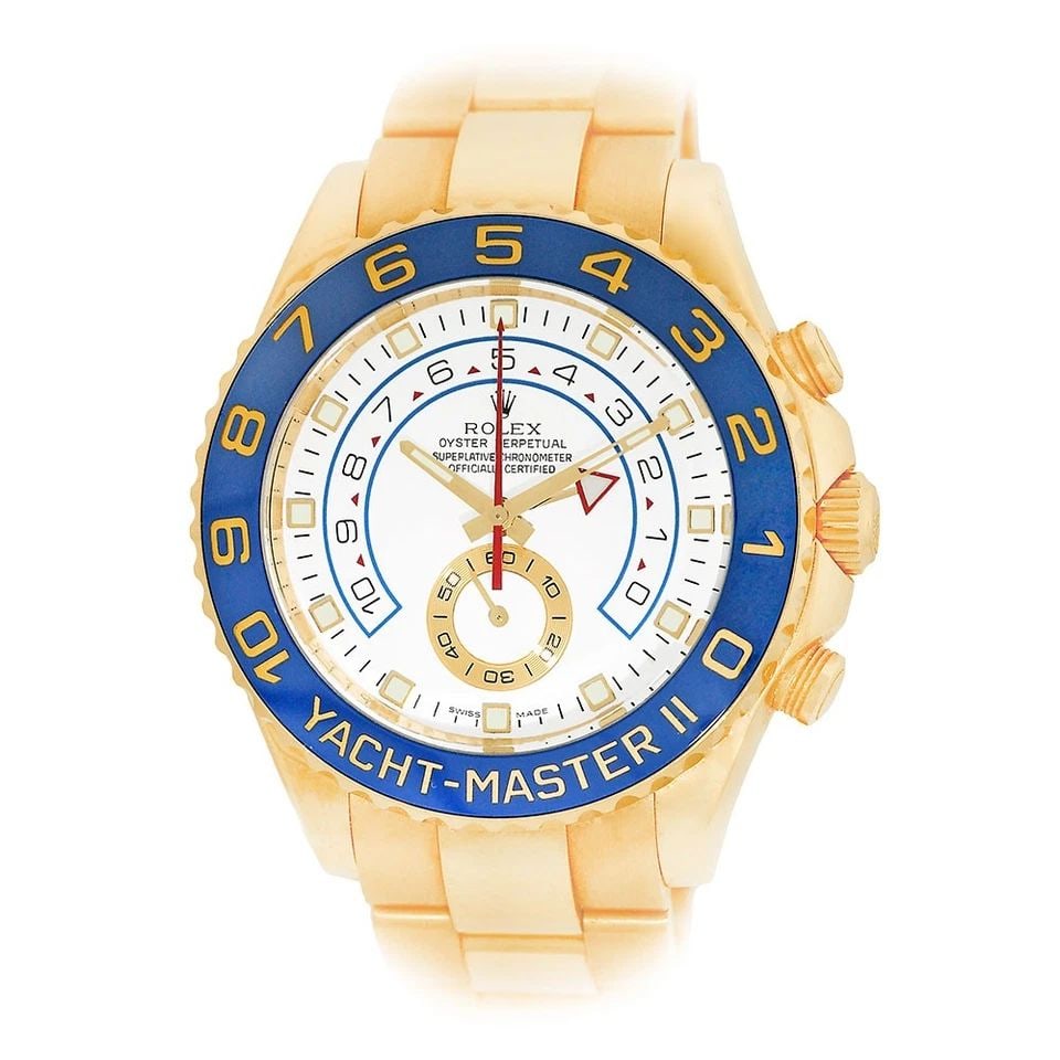 ROLEX 18K YELLOW GOLD 44MM YACHT-MASTER II 116688 WARRANTY BOX MINTY: ROLEX 18K YELLOW GOLD 44MM YACHT-MASTER II 116688 WARRANTY BOX MINTY BRAND: Rolex Model: Yacht-Master II Reference No: 116688 Case Measurements: Case Diameter: 44mm Case Thickness: 14mm Water Resistan