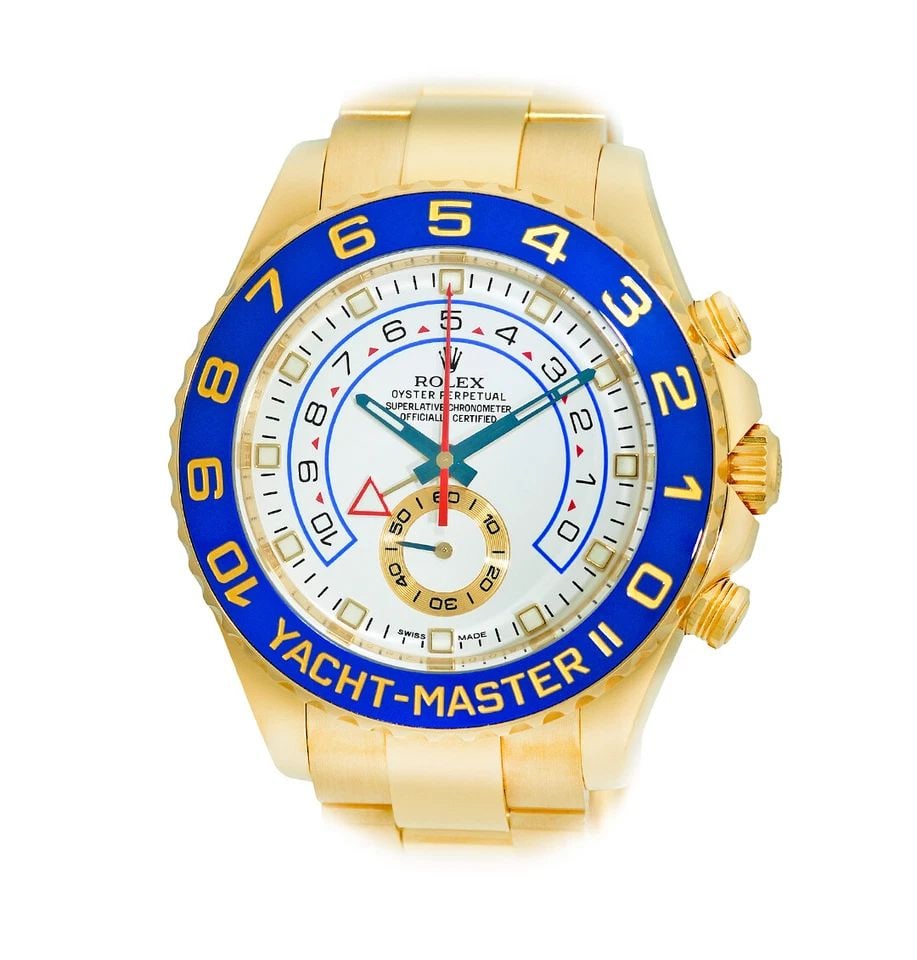ROLEX 18K YELLOW GOLD 44MM YACHT-MASTER II 116688 WARRANTY BOX MINTY: ROLEX 18K YELLOW GOLD 44MM YACHT-MASTER II 116688 WARRANTY BOX MINTY Brand: Rolex Model: Yacht-Master II Reference No: 116688 Case Measurements: Case Diameter: 44mm Case Thickness: 14mm Water Resistan