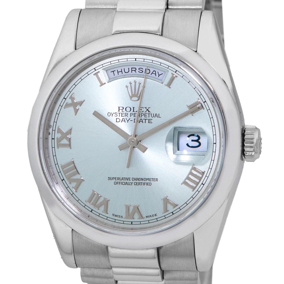 ROLEX PLATINUM 36MM DAY DATE PRESIDENT GLACIER BLUE 118206 BOX WARRANTY PAPERS: ROLEX PLATINUM 36MM DAY DATE PRESIDENT GLACIER BLUE 118206 BOX WARRANTY PAPERS ROLEX Platinum 36mm Day Date President Glacier Blue Ice 118206 Box Warranty 2007 Certified Pre-Owned Gent's Platinum 36mm