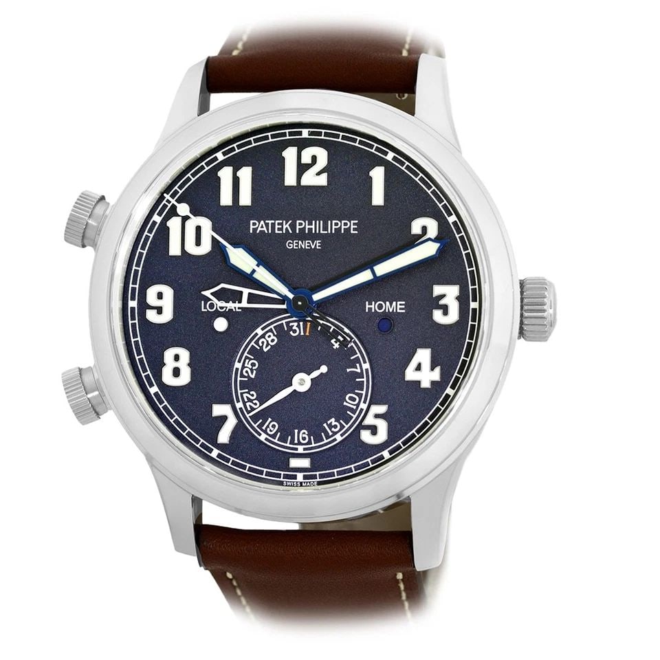 PATEK PHILIPPE 18K WHITE GOLD 42MM CALATRAVA PILOT TRAVEL TIME RERF. 5524 BOX: PATEK PHILIPPE 18K WHITE GOLD 42MM CALATRAVA PILOT TRAVEL TIME RERF. 5524 BOX BRAND: Patek Philippe Model: Calatrava "Pilot Travel Time" Reference No: 5524R-001 Gender: Gent’s Movement: Handmade Swi