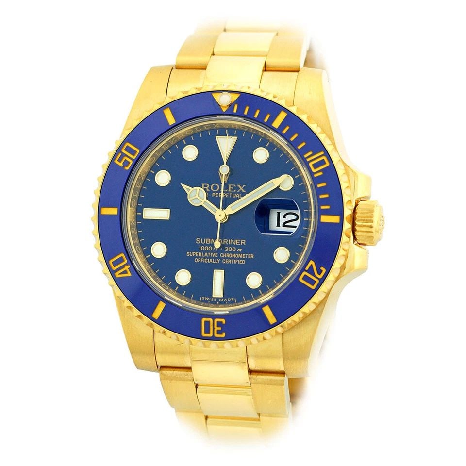 ROLEX 18K YELLOW GOLD 40MM CERAMIC SUBMARINER BLUE DIAL 116618LB BOX WARRANTY: ROLEX 18K YELLOW GOLD 40MM CERAMIC SUBMARINER BLUE DIAL 116618LB BOX WARRANTY ROLEX 18K Yellow Gold 40mm Submariner Date Blue Dial 116618LB Box Warranty Pre-Owned Gent's 18K Yellow Gold 40mm Rolex "Su