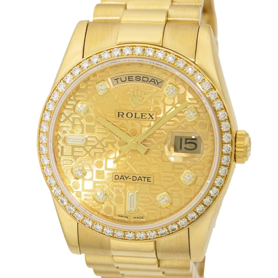ROLEX 18K YELLOW GOLD 36MM DIAMOND DAY-DATE PRESIDENT 118348 BOX WARRANTY MINTY: ROLEX 18K YELLOW GOLD 36MM DIAMOND DAY-DATE PRESIDENT 118348 BOX WARRANTY MINTY BRAND: Rolex Model: Day-Date "President" Reference No: 118348 Case Measurements: Case Diameter: 36mm Case Thickness: 11.