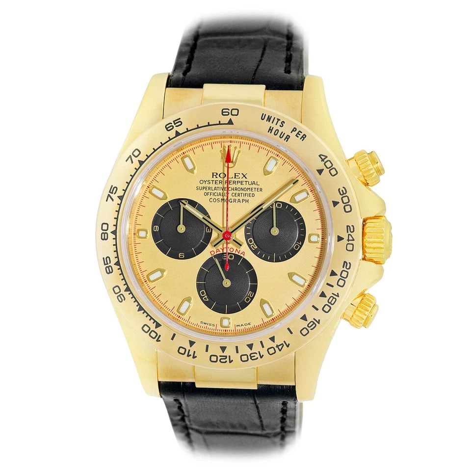ROLEX 18K YELLOW GOLD 40MM DAYTONA COSMOGRAPH 116518 WARRANTY MINTY: ROLEX 18K YELLOW GOLD 40MM DAYTONA COSMOGRAPH 116518 WARRANTY MINTY ROLEX 18K Yellow Gold 40mm Daytona Automatic Cosmograph 116518 Box Warranty MINTY Pre-Owned Gent's 18K Yellow Gold 40mm Rolex "Dayto