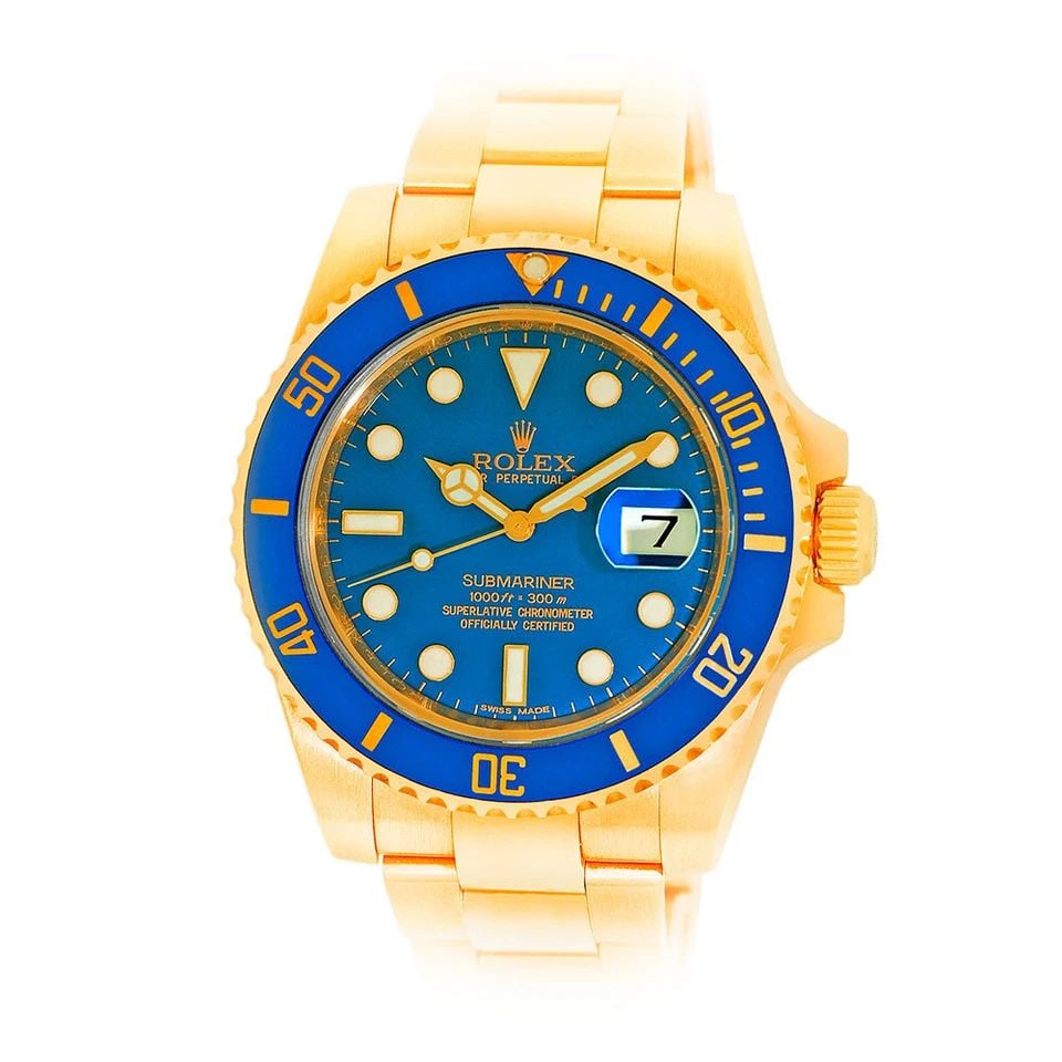ROLEX 18K YELLOW GOLD 40MM SUBMARINER BLUE DIAL 116618LB BOX WARRANTY: ROLEX 18K YELLOW GOLD 40MM SUBMARINER BLUE DIAL 116618LB BOX WARRANTY ROLEX 18K Yellow Gold 40mm Submariner Date Blue Dial 116618LB Box Warranty Pre-Owned Gent's 18K Yellow Gold 40mm Rolex "Submariner