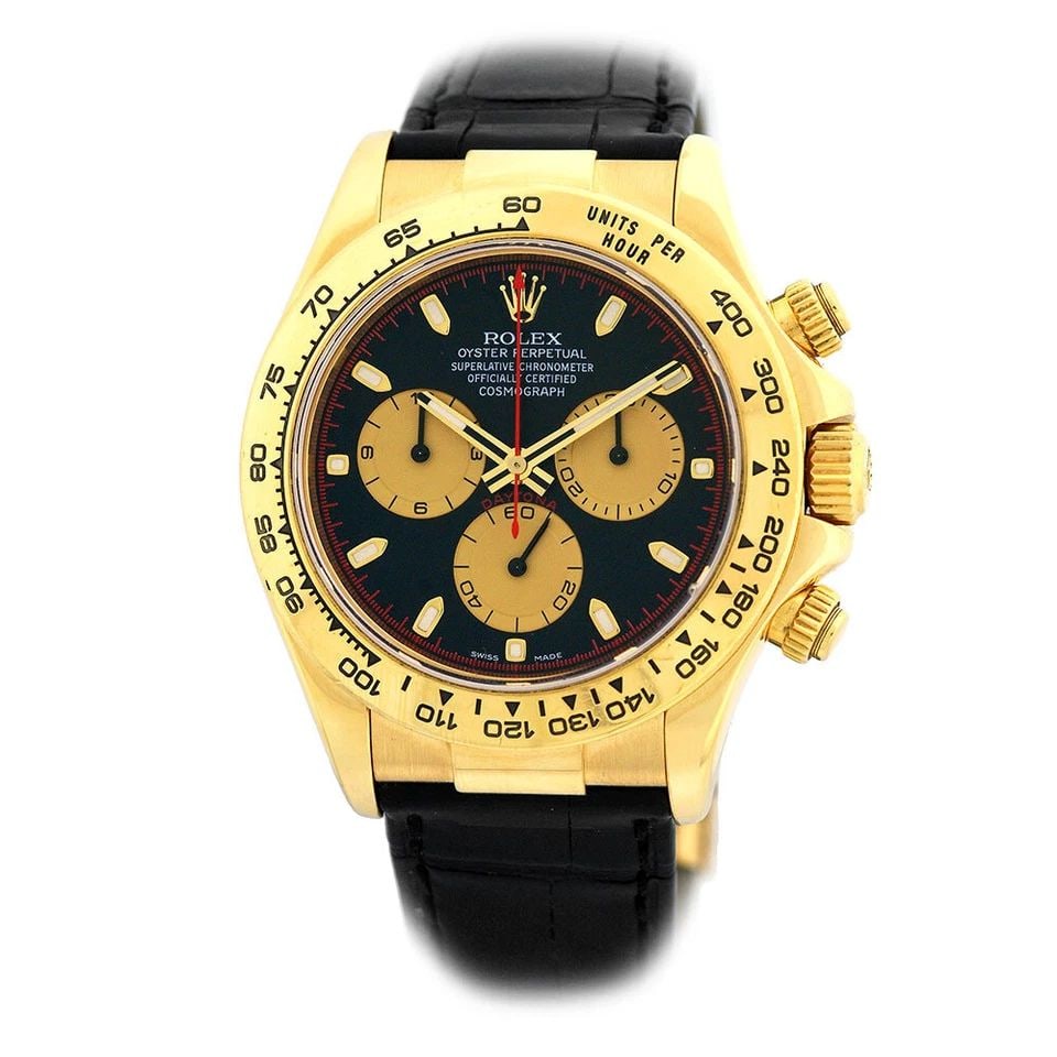 ROLEX 18K YELLOW GOLD 40MM DAYTONA COSMOGRAPH 116518 LIFETIME WARRANTY MINTY: ROLEX 18K YELLOW GOLD 40MM DAYTONA COSMOGRAPH 116518 LIFETIME WARRANTY MINTY ROLEX 18K Yellow Gold 40mm Daytona Automatic Cosmograph 116518 Box Warranty MINTY Pre-Owned Gent's 18K Yellow Gold 40mm Rol