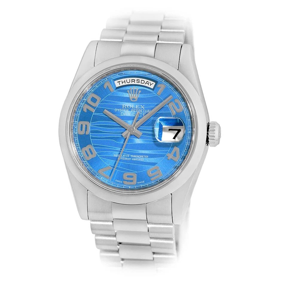ROLEX PLATINUM 36MM DAY DATE PRESIDENT BLUE WAVE 118206 BOX WARRANTY MINTY: ROLEX PLATINUM 36MM DAY DATE PRESIDENT BLUE WAVE 118206 BOX WARRANTY MINTY ROLEX Platinum 36mm Day Date President Blue Wave 118206 Box Warranty Certified Pre-Owned Gent's Platinum 36mm Rolex Day-Date 