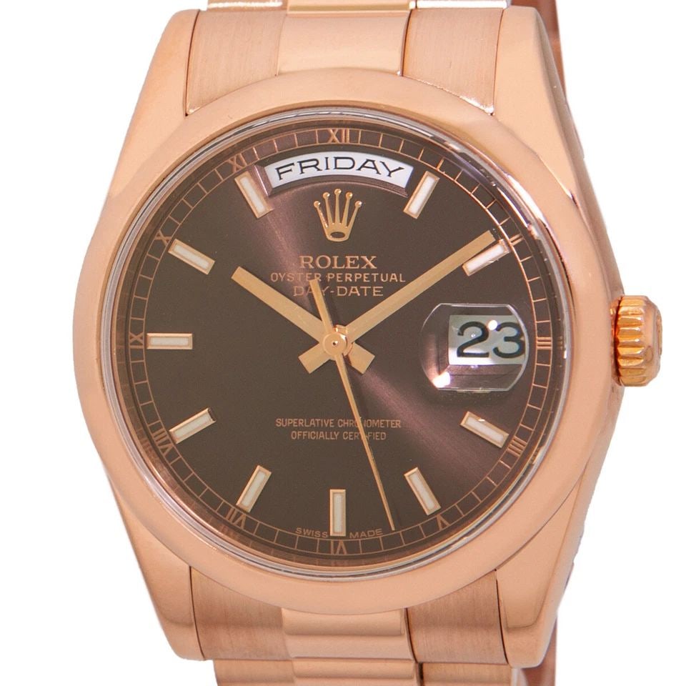 ROLEX 18K ROSE GOLD 36MM DAY DATE PRESIDENT CHOCOLATE 118205 WARRANTY BOX MINTY: ROLEX 18K ROSE GOLD 36MM DAY DATE PRESIDENT CHOCOLATE 118205 WARRANTY BOX MINTY ROLEX 18K Rose Gold 36mm Day Date President 118205 Warranty BOX Pre-Owned Gent's 18K Rose Gold 36mm Rolex "Day-Date" 118