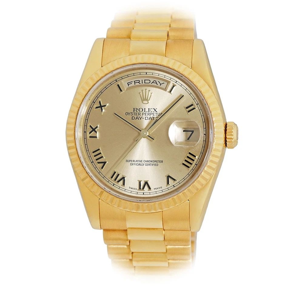 ROLEX 18K YELLOW GOLD 36MM DAY-DATE PRESIDENT 118238 BOX WARRANTY MINTY: ROLEX 18K YELLOW GOLD 36MM DAY-DATE PRESIDENT 118238 BOX WARRANTY MINTY BRAND: Rolex Model: Day-Date "President" Reference No: 118238 Case Measurements: Case Diameter: 36mm Case Thickness: 12mm Water 
