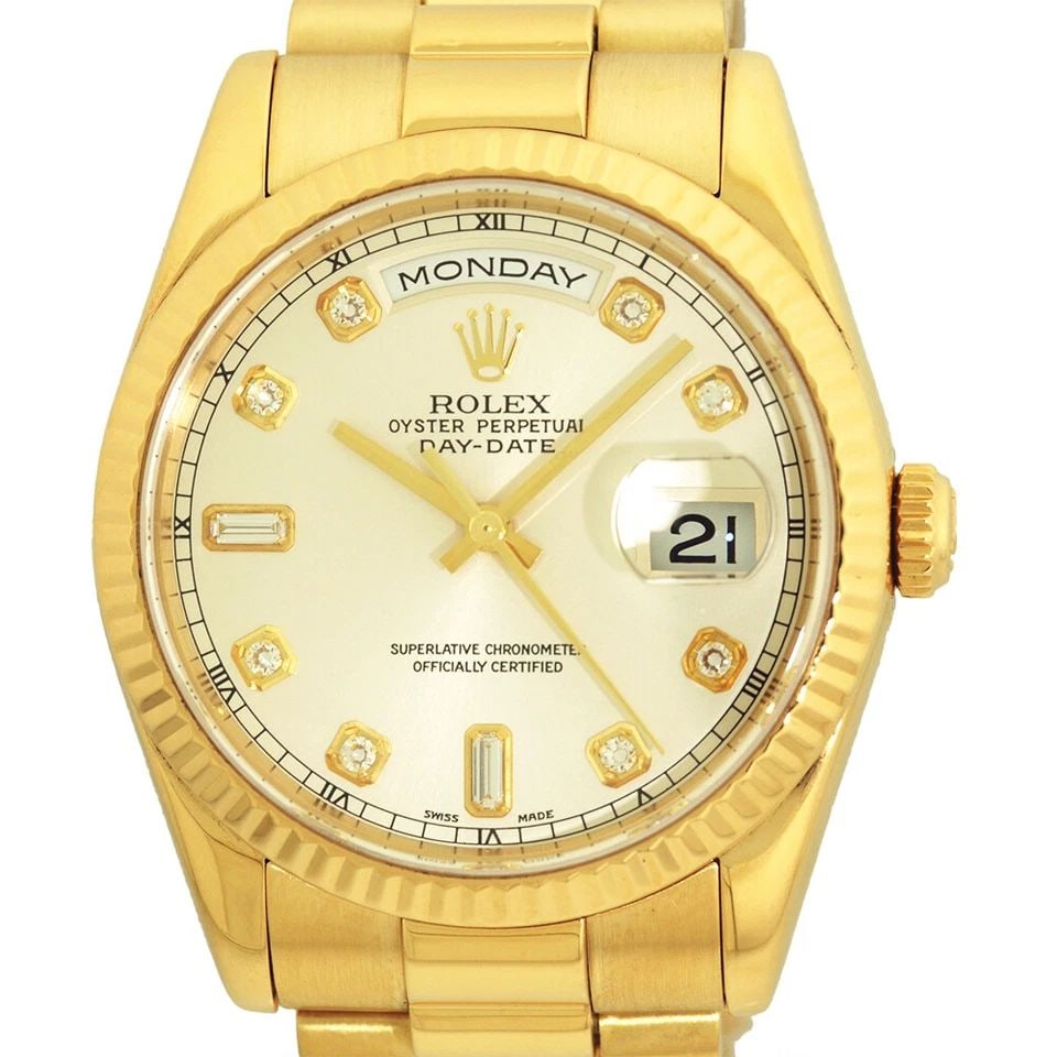 ROLEX 18K YELLOW GOLD 36MM DAY DATE PRESIDENT FACTORY DIAMOND 118238 WARRANTY: ROLEX 18K YELLOW GOLD 36MM DAY DATE PRESIDENT FACTORY DIAMOND 118238 WARRANTY ROLEX 18K Yellow Gold 36mm Day Date President # 118238 Box Warranty MINTY Certified Pre-Owned Gent's 18K Yellow Gold Rolex