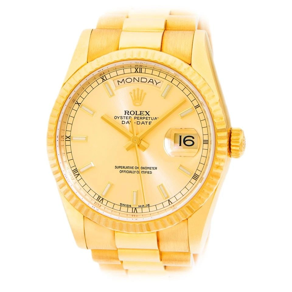 ROLEX 18K YELLOW GOLD 36MM DAY-DATE PRESIDENT 118238 BOX WARRANTY: ROLEX 18K YELLOW GOLD 36MM DAY-DATE PRESIDENT 118238 BOX WARRANTY BRAND: Rolex Model: Day-Date "President" Reference No: 118238 Case Measurements: Case Diameter: 36mm Case Thickness: 12mm Water Resist