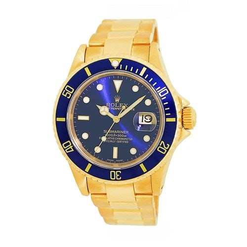 ROLEX 18K YELLOW GOLD 40MM SUBMARINER DATE BLUE DIAL 16618 BOX WARRANTY MINTY: ROLEX 18K YELLOW GOLD 40MM SUBMARINER DATE BLUE DIAL 16618 BOX WARRANTY MINTY ROLEX 18K Yellow Gold 40mm Submariner Blue Dial 16618 Box Warranty Pre-Owned Gent's 18K Yellow Gold 40mm Rolex "Submariner