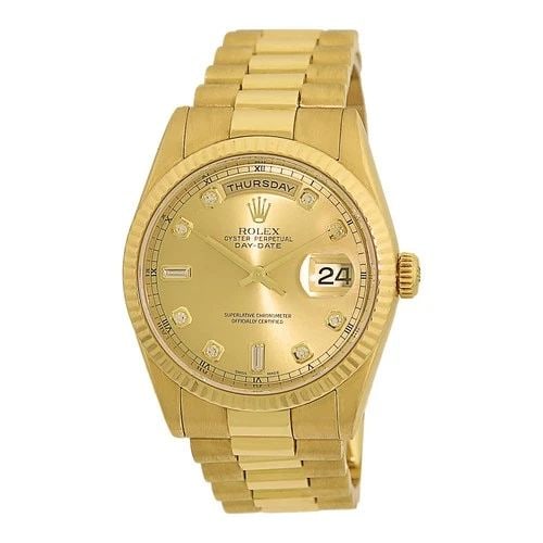 ROLEX 18K YELLOW GOLD 36MM DAY-DATE PRESIDENT FACTORY DIAM 118238 BOX WARRANTY: ROLEX 18K YELLOW GOLD 36MM DAY-DATE PRESIDENT FACTORY DIAM 118238 BOX WARRANTY BRAND: Rolex Model: Day-Date "President" Reference No: 118238 Case Measurements: Case Diameter: 36mm Case Thickness: 12mm
