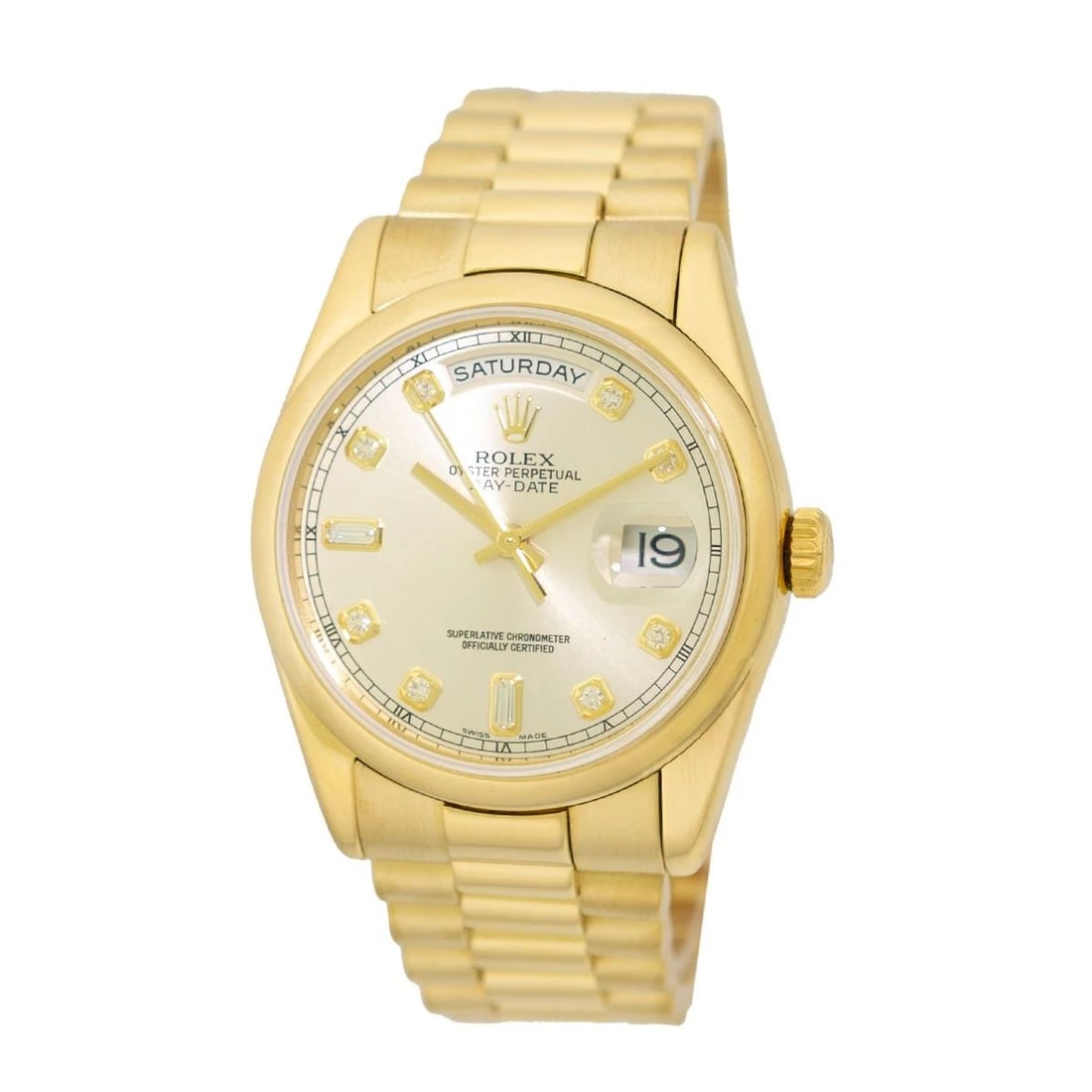 ROLEX 18K YELLOW GOLD 36MM DAY-DATE PRESIDENT 118208 FACTORY DIAMOND WARRANTYBOX: ROLEX 18K YELLOW GOLD 36MM DAY-DATE PRESIDENT 118208 FACTORY DIAMOND WARRANTYBOX Brand: Rolex Model: Day-Date President Factory Diamond Dial Reference No: 118208 Gender: Gent’s Movement: Handmade Sw