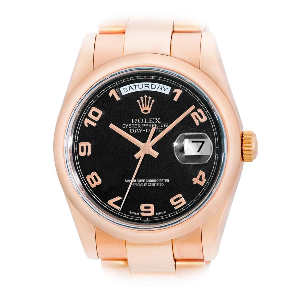 ROLEX 18K ROSE PINK GOLD 36MM DAY DATE PRESIDENT 118205 BOX WARRANTY 2003: ROLEX 18K Rose Gold 36mm Day Date 118205 Box Warranty 2003 Certified Pre-Owned Gent's 18K Rose Gold 36mm Rolex "Day-Date" Item #: CDC042503 BRAND Rolex Model: Day-Date Reference No: 118205 Case Measur