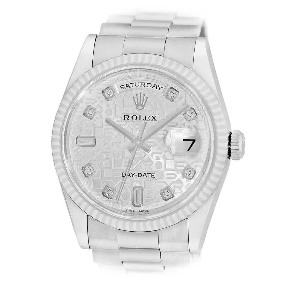 ROLEX 18K WHITE GOLD 36MM DAY-DATE PRESIDENT 118239 LIFETIME WARRANTY BOX: ROLEX 18K WHITE GOLD 36MM DAY-DATE PRESIDENT 118239 LIFETIME WARRANTY BOX BRAND: Rolex Model: Day-Date "President" Reference No: 118239 Case Measurements: Case Diameter: 36mm Case Thickness: 12mm Wate