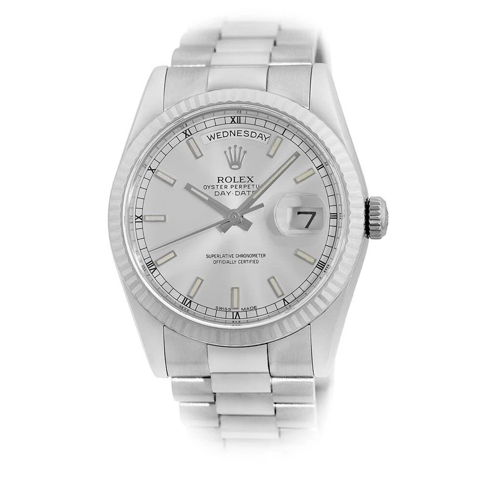 ROLEX 18K WHITE GOLD 36MM DAY DATE PRESIDENT 118239 WARRANTY BOX MINTY: ROLEX 18K WHITE GOLD 36MM DAY DATE PRESIDENT 118239 WARRANTY BOX MINTY ROLEX 18K White Gold 36mm Day Date President # 118239 Warranty Box Pre-Owned Gent's 18K White Gold 36mm Rolex Day-Date President 