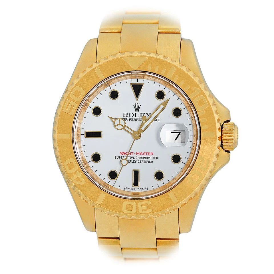 ROLEX 18K YELLOW GOLD 40MM YACHT-MASTER WHITE DIAL 16628 WARRANTY BOX 2005: ROLEX 18K YELLOW GOLD 40MM YACHT-MASTER WHITE DIAL 16628 WARRANTY BOX 2005 ROLEX 18K Yellow Gold 40mm White Dial Yacht-Master 16628 Warranty Box Pre-Owned Gent's 18K Yellow Gold 40mm Rolex "Yacht-Mast