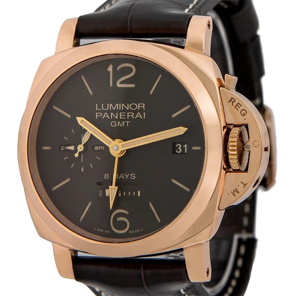 PANERAI ROSE GOLD 44MM LUMINOR 8 DAYS GMT ORO ROSSO PAM 576 WARRANTY BOX MINTY: PANERAI ROSE GOLD 44MM LUMINOR 8 DAYS GMT ORO ROSSO PAM 576 WARRANTY BOX MINTY PANERAI Rose Gold 44mm 1950 Luminor 8 DAYS GMT “ORO ROSSO” PAM 576 Warranty Box MINTY Gent's Rose Gold 44mm Paner
