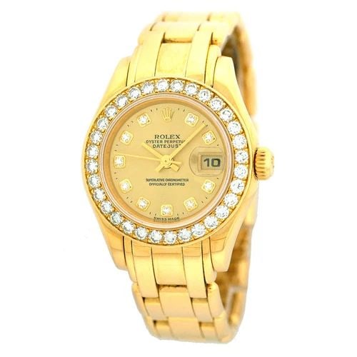 ROLEX 18K YELLOW GOLD 29MM PEARLMASTER MASTERPIECE FACTORY DIAMONDS # 69298 BOX: ROLEX 18K YELLOW GOLD 29MM PEARLMASTER MASTERPIECE FACTORY DIAMONDS # 69298 BOX ROLEX 18K Yellow Gold 29mm Pearlmaster Masterpiece Factory Diamonds # 69298 Certified Pre-Owned Lady's 18K Yellow Gold R