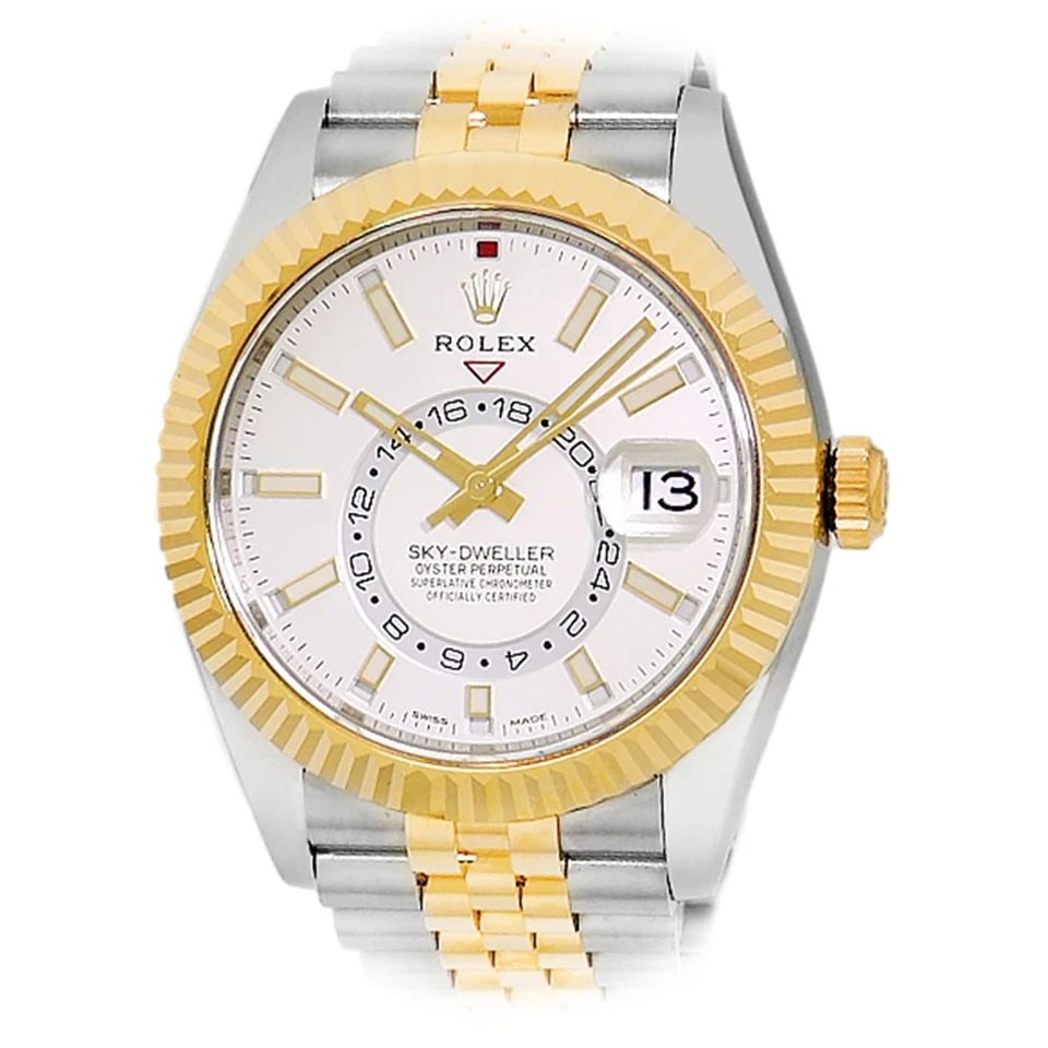 ROLEX STAINLESS STEEL & 18K YELLOW GOLD 42MM SKY-DWELLER 326933 BOX WARRANTY: ROLEX STAINLESS STEEL & 18K YELLOW GOLD 42MM SKY-DWELLER 326933 BOX WARRANTY BRAND: Rolex Model: Sky-Dweller Reference No: 326933 Case Measurements: Case Diameter: 42mm Case Thickness: 14mm Water Resi