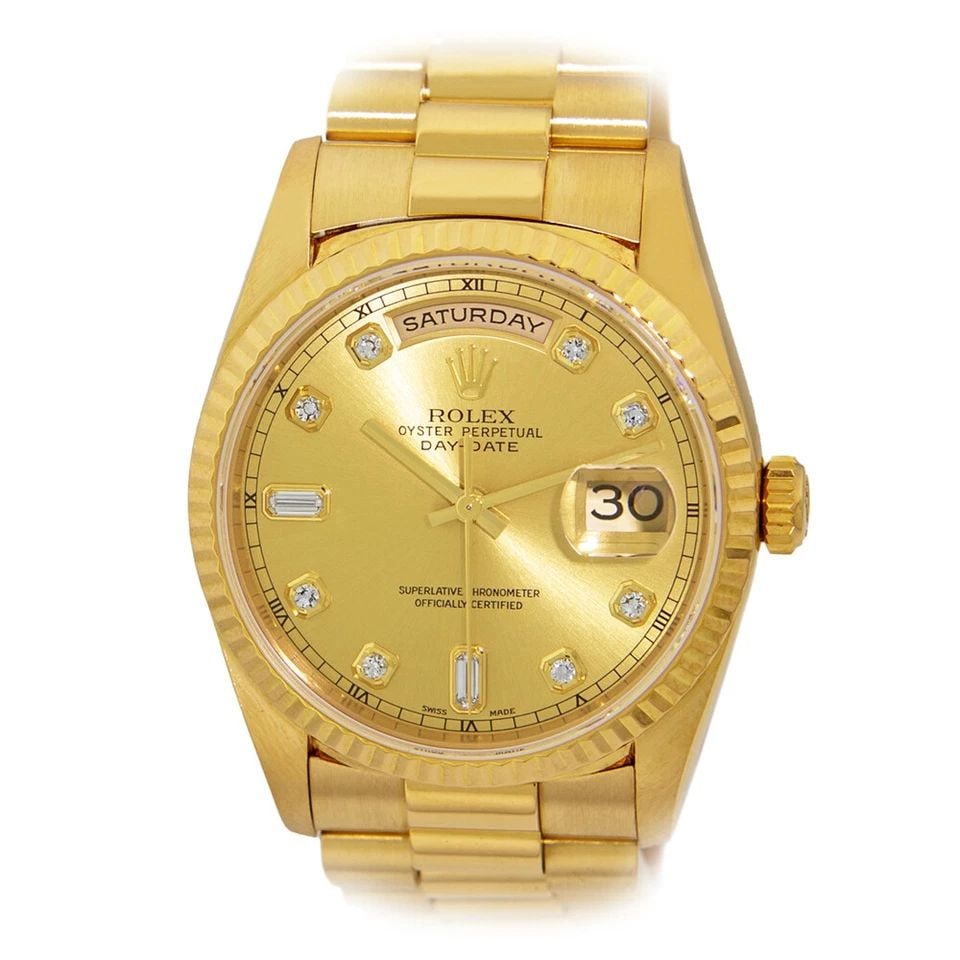 ROLEX 18K YELLOW GOLD 36MM DAY DATE PRESIDENT FACTORY DIAMOND 18238 BOX WARRANTY: ROLEX 18K YELLOW GOLD 36MM DAY DATE PRESIDENT FACTORY DIAMOND 18238 BOX WARRANTY ROLEX 18K Yellow Gold 36mm Day Date President Factory Diamonds Dial Warranty 18238 Gent's 18K Yellow Gold 36mm Rolex Da