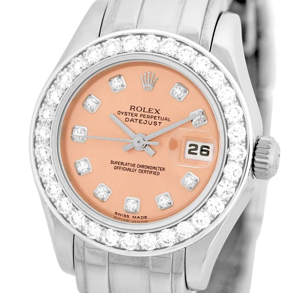 ROLEX 18K WHITE GOLD LADY MASTERPIECE 69329 PEARLMASTER DIAMONDS MINTY WARRANTY: ROLEX 18K WHITE GOLD LADY MASTERPIECE 69329 PEARLMASTER DIAMONDS MINTY WARRANTY ROLEX 18K White Gold Masterpiece 69329 Factory Diamonds Box MINTY Certified Pre-Owned Lady's 18K White Gold Rolex Diamon