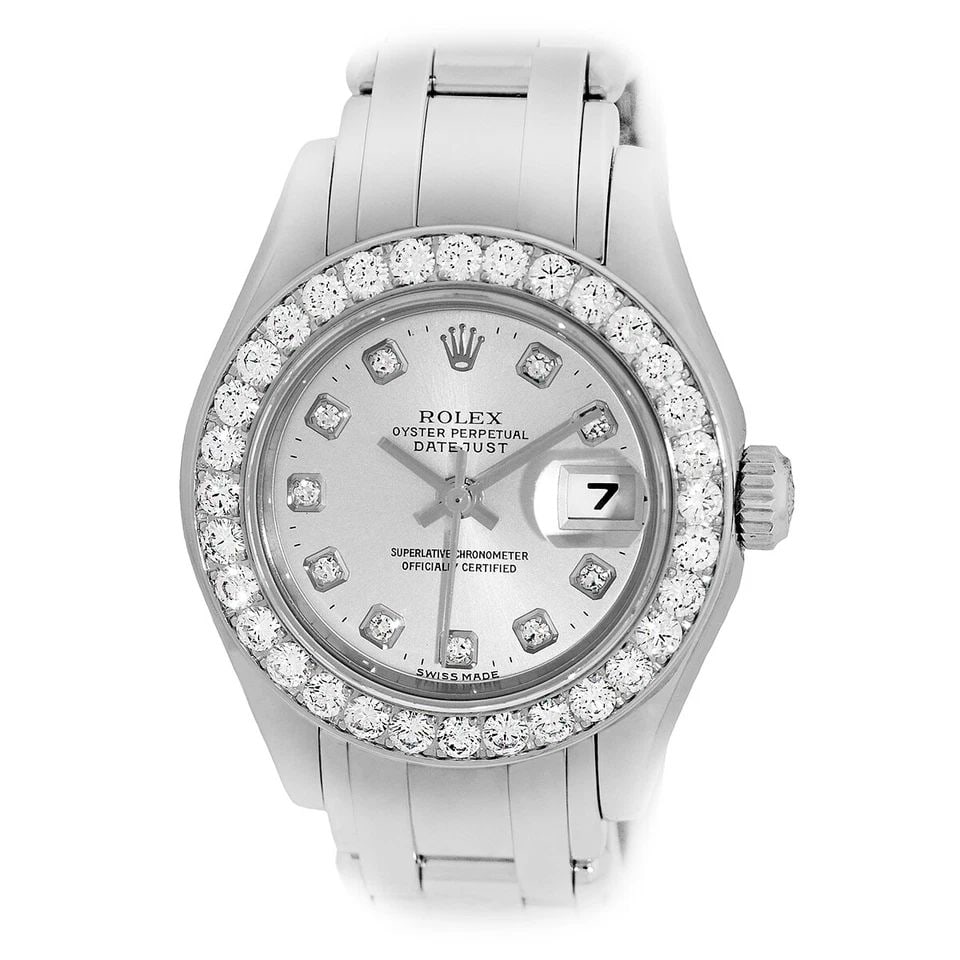 ROLEX 18K WHITE GOLD 29MM MASTERPIECE 80299 PEARLMASTER DIAMONDS MINTY WARRANTY: ROLEX 18K WHITE GOLD 29MM MASTERPIECE 80299 PEARLMASTER DIAMONDS MINTY WARRANTY ROLEX 18K White Gold 29mm Masterpiece 80299 Factory Diamonds Box MINTY Pre-Owned Lady's 18K White Gold 29mm Rolex Diamon