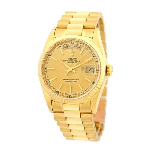 ROLEX 18K YELLOW GOLD 36MM DAY-DATE PRESIDENT 18238 BOX WARRANTY: ROLEX 18K YELLOW GOLD 36MM DAY-DATE PRESIDENT 18238 BOX WARRANTY BRAND: Rolex Model: Day-Date "President" Reference No: 18238 Case Measurements: Case Diameter: 36mm Case Thickness: 12mm Water Resistan