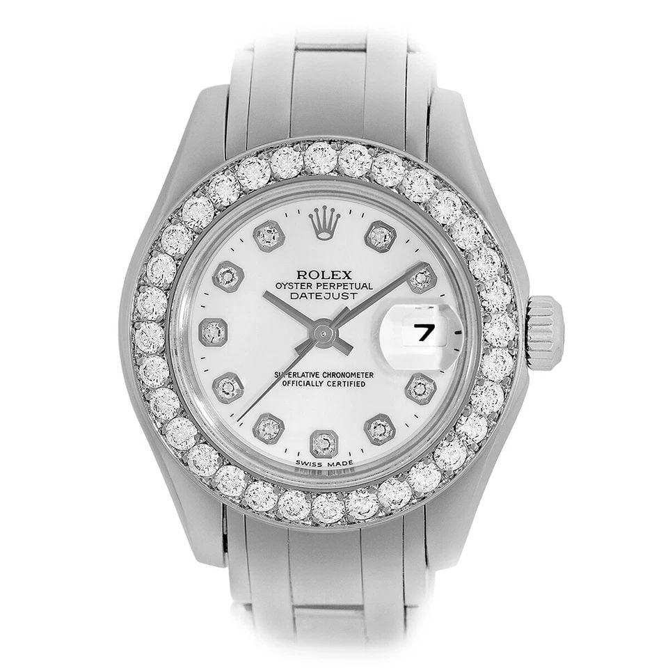 ROLEX 18K WHITE GOLD LADY FACTORY DIAMOND MASTERPIECE 80299 BOX WARRANTY MINTY: ROLEX 18K WHITE GOLD LADY FACTORY DIAMOND MASTERPIECE 80299 BOX WARRANTY MINTY ROLEX 18K White Gold 29mm Lady Diamond Masterpiece 80299 BOX MINTY Certified Pre-Owned Lady's 18K White Gold 29mm Rolex D