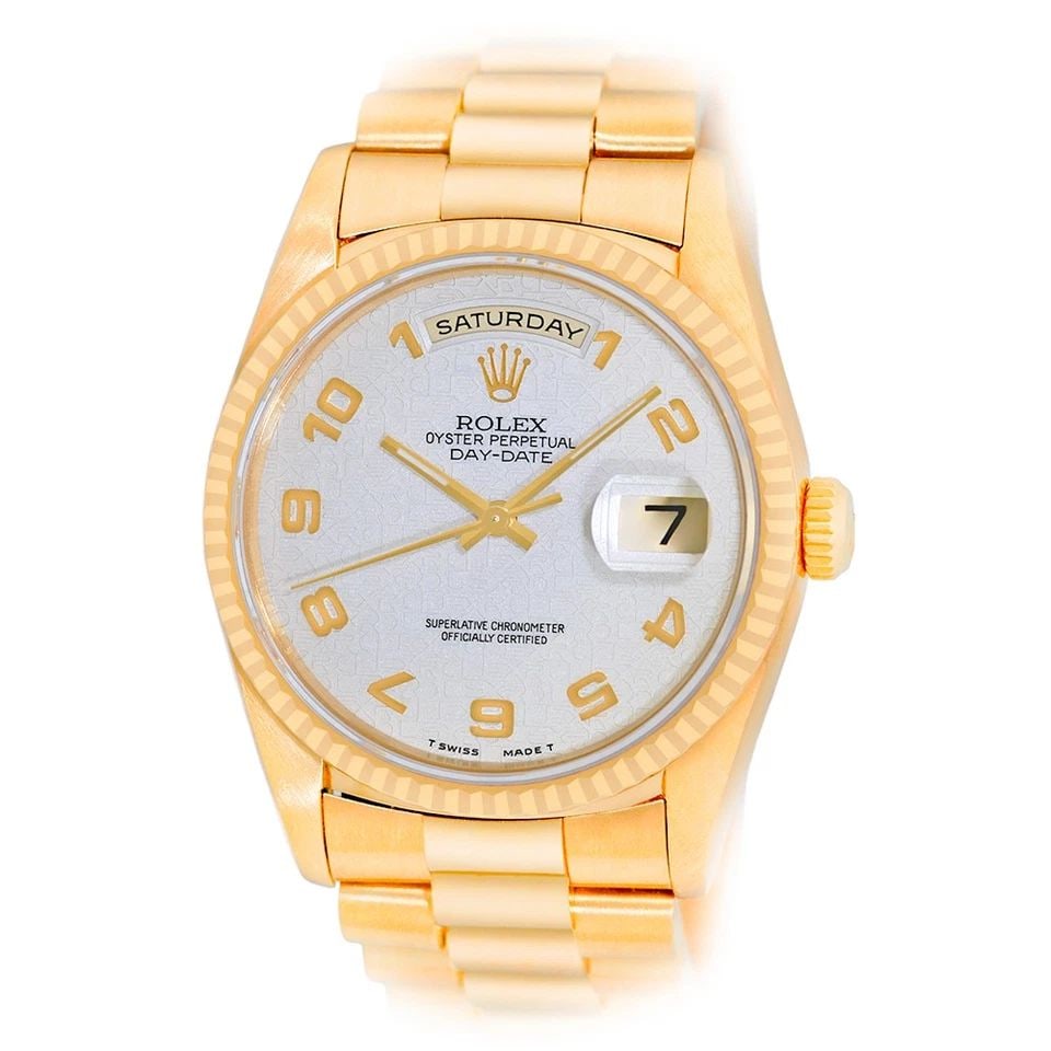 ROLEX 18K YELLOW GOLD 36MM DAY-DATE PRESIDENT 18238 BOX LIFETIME WARRANTY MINTY: ROLEX 18K YELLOW GOLD 36MM DAY-DATE PRESIDENT 18238 BOX LIFETIME WARRANTY MINTY BRAND: Rolex Model: Day-Date "President" Reference No: 18238 Case Measurements: Case Diameter: 36mm Case Thickness: 12mm