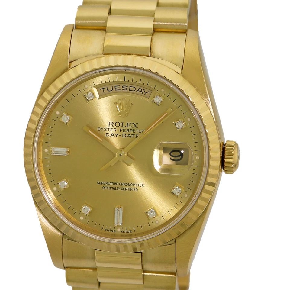 ROLEX 18K YELLOW GOLD 36MM DAY DATE DIAMOND PRESIDENT 18238 BOX WARRANTY MINTY: ROLEX 18K YELLOW GOLD 36MM DAY DATE PRESIDENT 18238 BOX WARRANTY MINTY ROLEX 18K Yellow Gold 36mm Day Date President 18238 Box Warranty MINTY Pre-Owned Gent's 18K Yellow Gold 36mm Rolex Day-Date "Pres