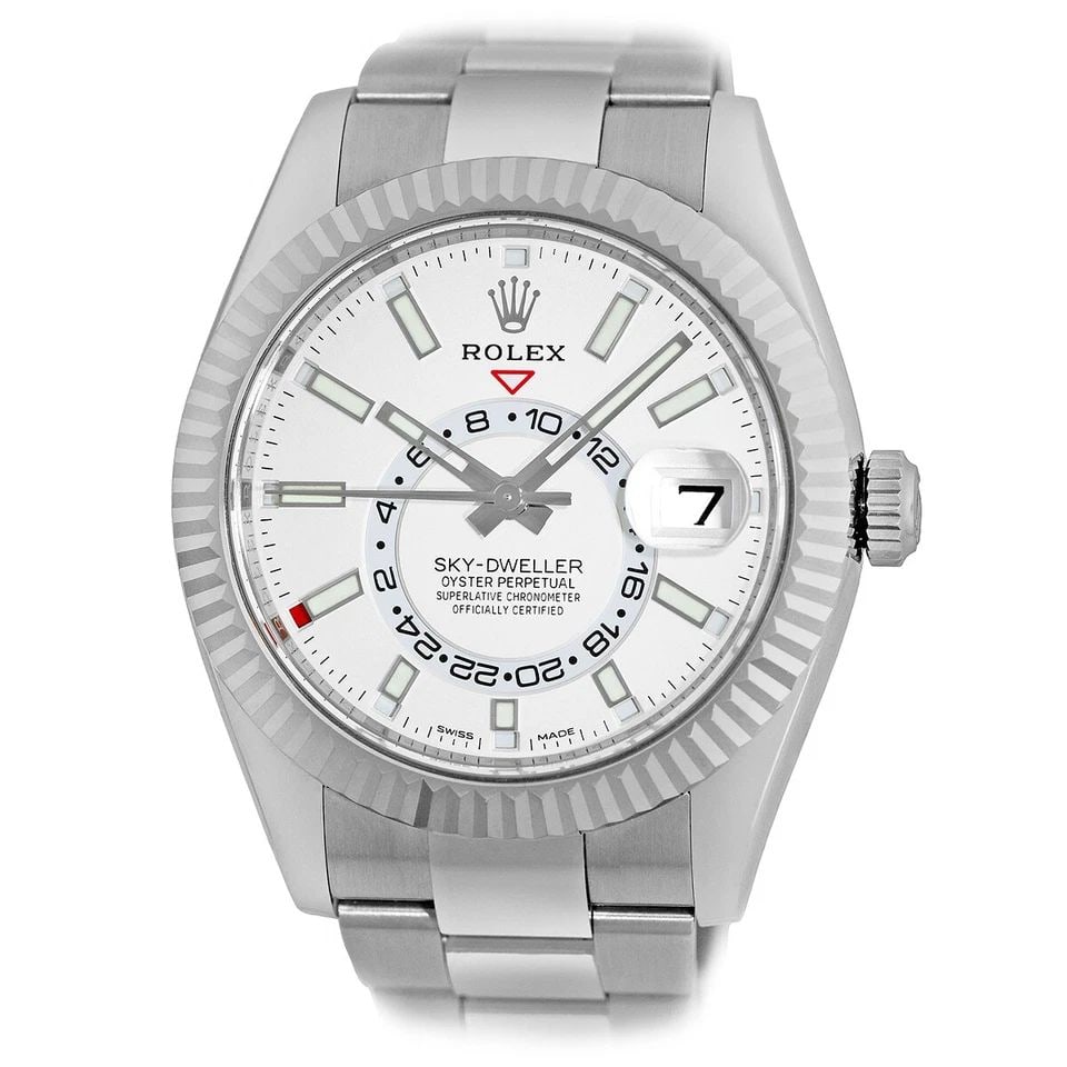 ROLEX STEEL & 18K WHITE GOLD 42MM SKY-DWELLER 326934 WARRANTY 2019 BOX MINTY: ROLEX STEEL & 18K WHITE GOLD 42MM SKY-DWELLER 326934 WARRANTY 2019 BOX MINTY ROLEX Stainless Steel 42mm Sky-Dweller 326934 Box MINTY Pre-Owned Gent's Stainless Steel 42mm Rolex "Sky-Dweller" Brand: Ro