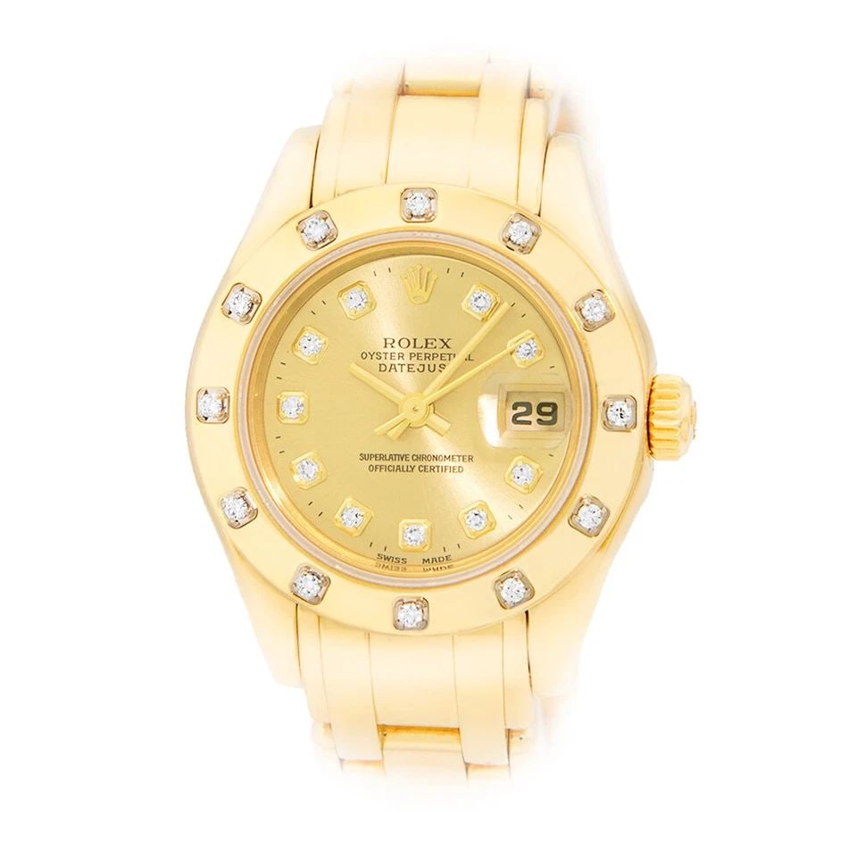 ROLEX LADY'S 18K YELLOW GOLD 29MM DIAMOND MASTERPIECE 80318 BOX WARRANTY MINTY: ROLEX LADY'S 18K YELLOW GOLD 29MM MASTERPIECE 80318 BOX WARRANTY Brand: Rolex Model: Datejust "Masterpiece" Reference No: 80318 Case Measurements: Case Diameter: 29mm Case Thickness: 10.5mm Water Resi