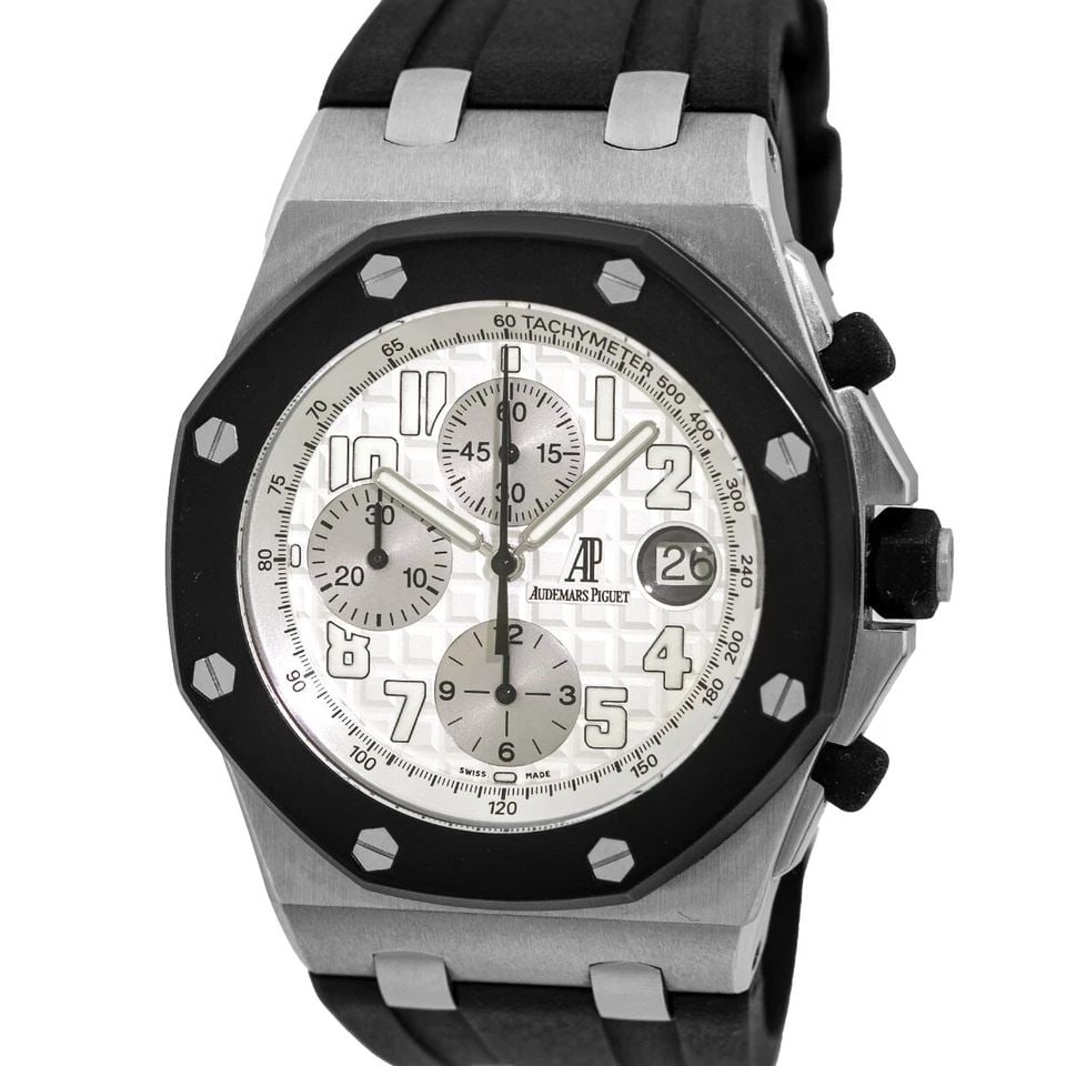 AUDEMARS PIGUET STEEL ROYAL OAK OFFSHORE RUBBERCLAD CHRONOGRAPH BOXWARANTY 25940: AUDEMARS PIGUET STEEL ROYAL OAK OFFSHORE RUBBERCLAD CHRONOGRAPH BOXWARANTY 25940 AUDEMARS PIGUET Stainless Steel "Royal Oak Offshore" RubberClad Chronograph Strapwatch Box Warranty Gent's Stainless St
