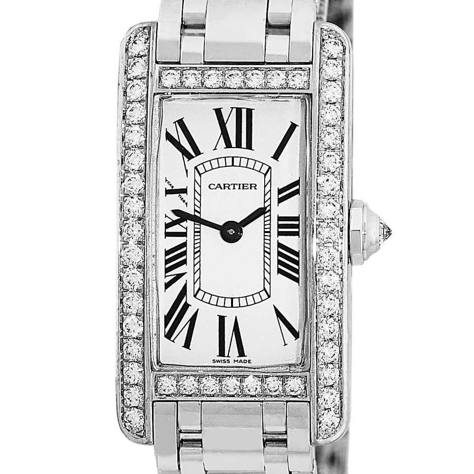 CARTIER 18K WHITE GOLD TANK AMERICAN FACTORY DIAMONDS AMERICAINE BOX WARRANTY: CARTIER 18K WHITE GOLD TANK AMERICAN FACTORY DIAMONDS AMERICAINE BOX WARRANTY CARTIER 18K White Gold Tank American Factory Diamonds Americaine Box Warranty Lady's 18K White Gold Cartier "Diamond Tank 