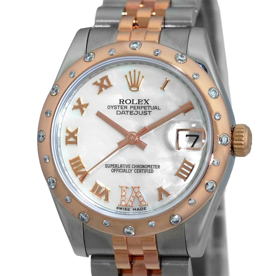 ROLEX STAINLESS STEEL & 18K ROSE GOLD 31MM DATEJUST FACTORY DIAMOND BEZEL 178341: ROLEX STAINLESS STEEL & 18K ROSE GOLD 31MM DATEJUST FACTORY DIAMOND BEZEL 178341 BRAND: Rolex Model: Datejust Reference No: 178341 Case Measurements: Case Diameter: 31mm Case Thickness: 10.5mm Water R