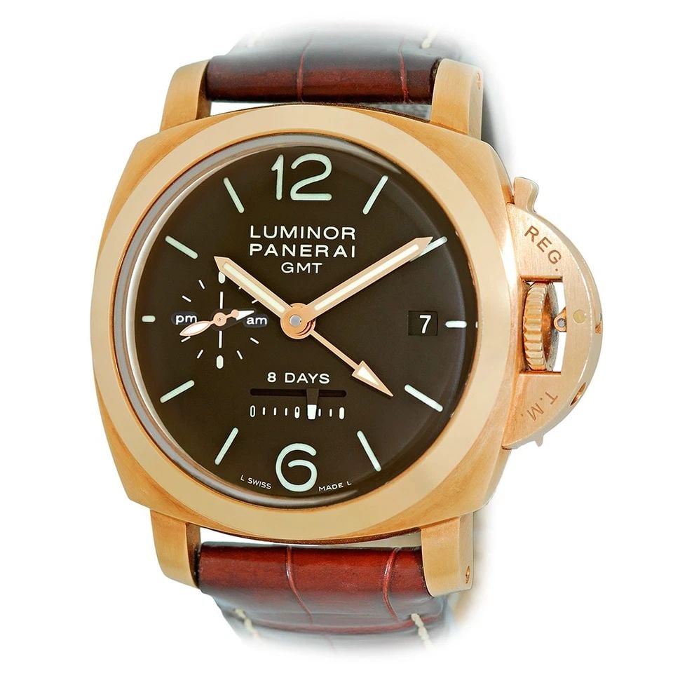 PANERAI 18K ROSE GOLD 44MM PAM 00289 LUMINOR 1950 GMT 8 DAYS BOX WARRANTY 2019: PANERAI 18K Rose Gold 44mm PAM 00289 Luminor 1950 GMT 8 Days Box Warranty 2019 Gent's 18K Rose Gold 44mm Panerai 1950 PAM 289 "Luminor GMT 8 Days" Item #: CDC082501 BRAND Panerai Model: Luminor GMT Re