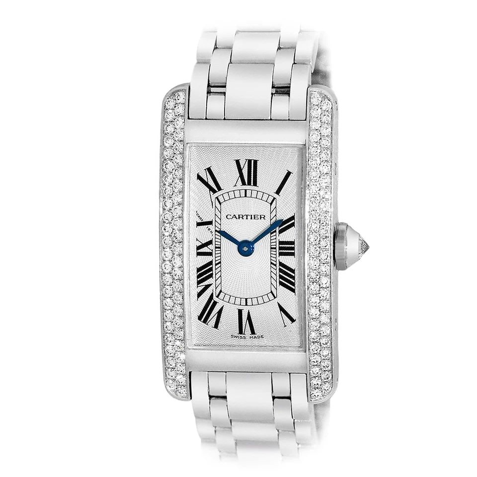 CARTIER 18K WHITE GOLD 19MM TANK AMERICAINE WB7073L1-1713 BOX WARRANTY: CARTIER 18K WHITE GOLD 19MM TANK AMERICAINE WB7073L1-1713 BOX WARRANTY BRAND: Cartier Model: Tank Américaine Reference No: WB7073L1 - 1713 Gender: Lady's Movement: Swiss Quartz Accuracy Movement Case