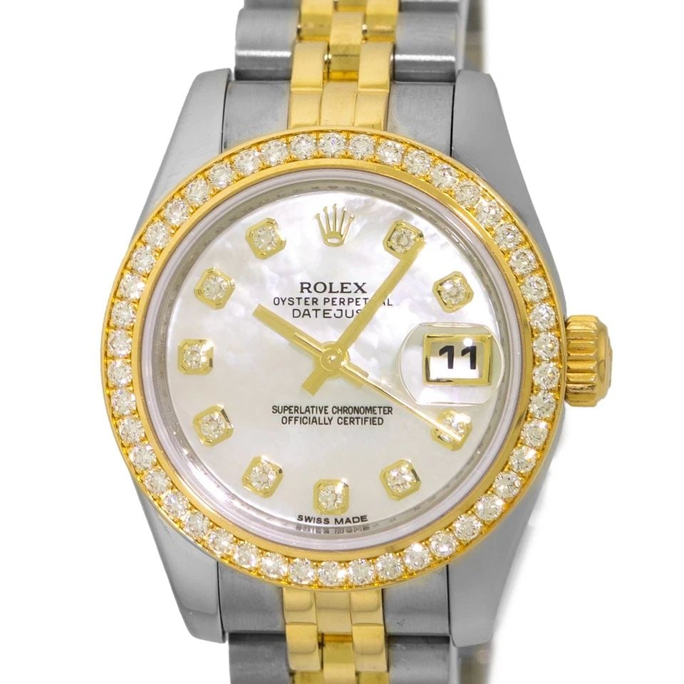 ROLEX STEEL & 18K YELLOW GOLD DATEJUST MOTHER PEARL DIAMOND 179383 WARRANTY 2011: ROLEX STEEL & 18K YELLOW GOLD DATEJUST MOTHER PEARL DIAMOND 179383 WARRANTY 2011 BRAND: Rolex Model: Datejust Reference No: 179383 Gender: Lady’s Movement: Handmade Swiss Chronometer Certified(COSC)