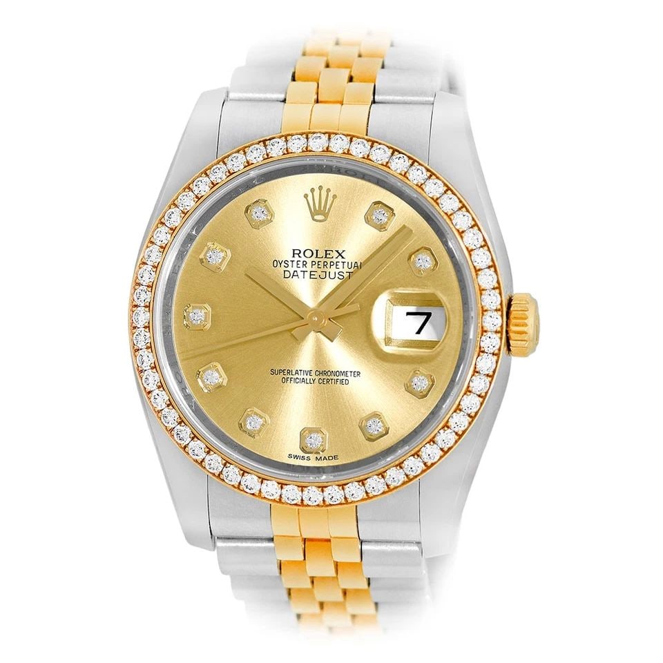 ROLEX STAINLESS STEEL 18K YELLOW GOLD 36MM FACTORY DIAMOND DATEJUST 116243 BOX: ROLEX STAINLESS STEEL 18K YELLOW GOLD 36MM FACTORY DIAMOND DATEJUST 116243 BOX BRAND: Rolex Model: Datejust Reference No: 116243 Gender: Gent’s Movement: Handmade Swiss Chronometer Certified(COSC) A