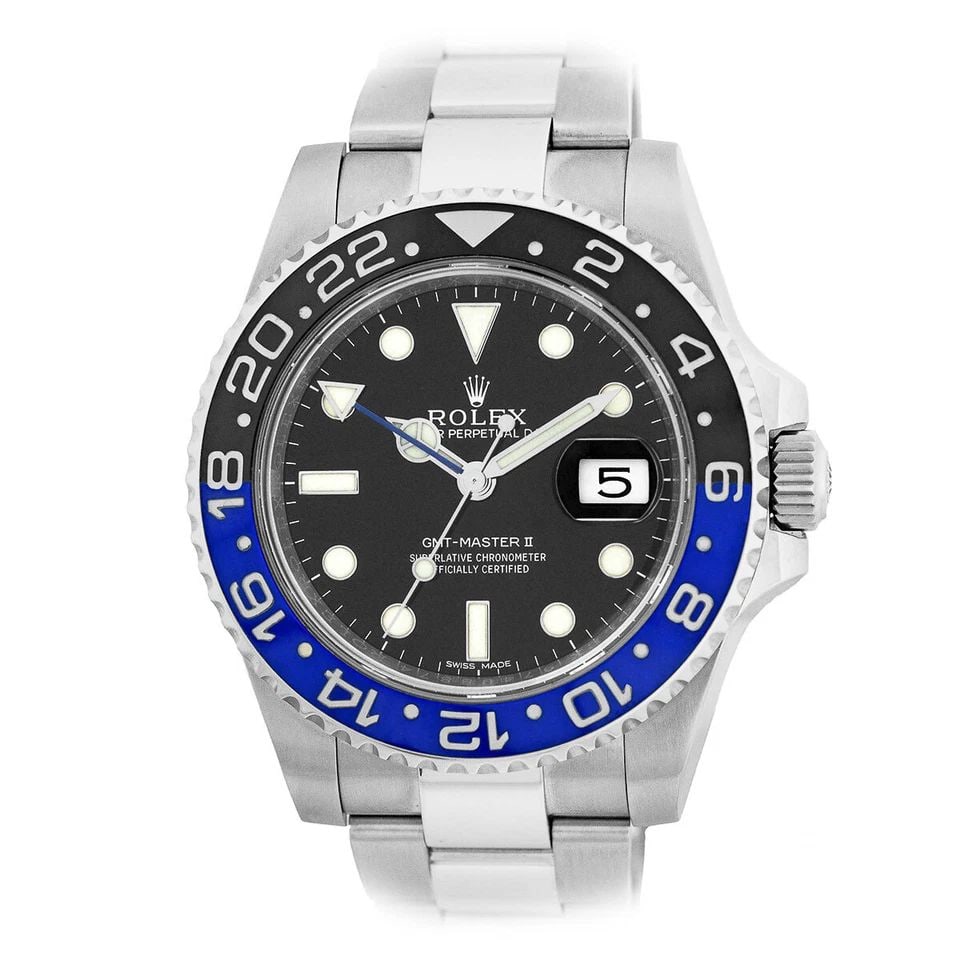 ROLEX STAINLESS STEEL 40MM GMT MASTER II BATMAN CERAMIC 40MM 116710BLNR 2017: ROLEX STAINLESS STEEL 40MM GMT MASTER II BATMAN CERAMIC 40MM 116710BLNR 2017 ROLEX Stainless Steel 40mm GMT Master II 116710BLNR Batman Box Warranty MINTY Pre-Owned Gent's Stainless Steel 40mm Rolex "